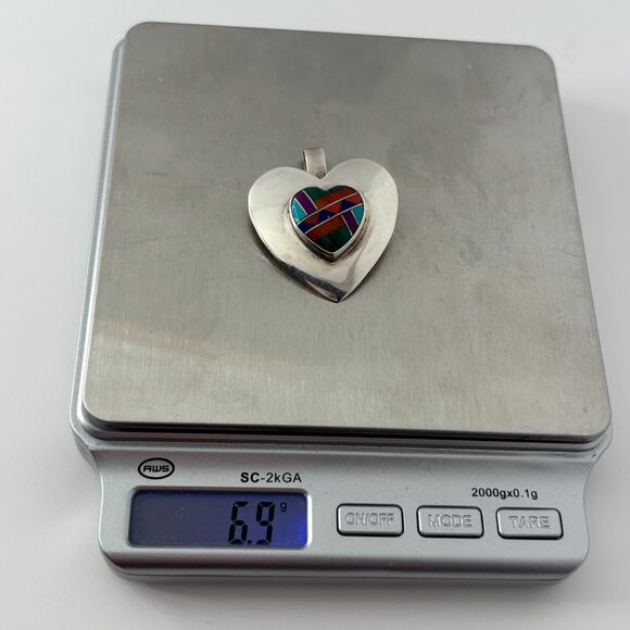 Native American Multi-Stone Inlay Sterling Silver Heart Pendant/Pin Vidal Chavez - Picture 9 of 9